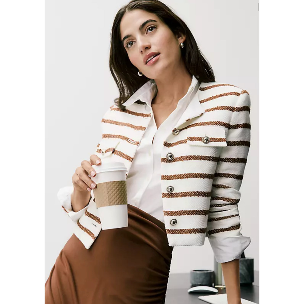 NEW ANN TAYLOR TORTOISE SHELL CREW NECK STRIPED TWEED JACKET SZ 2